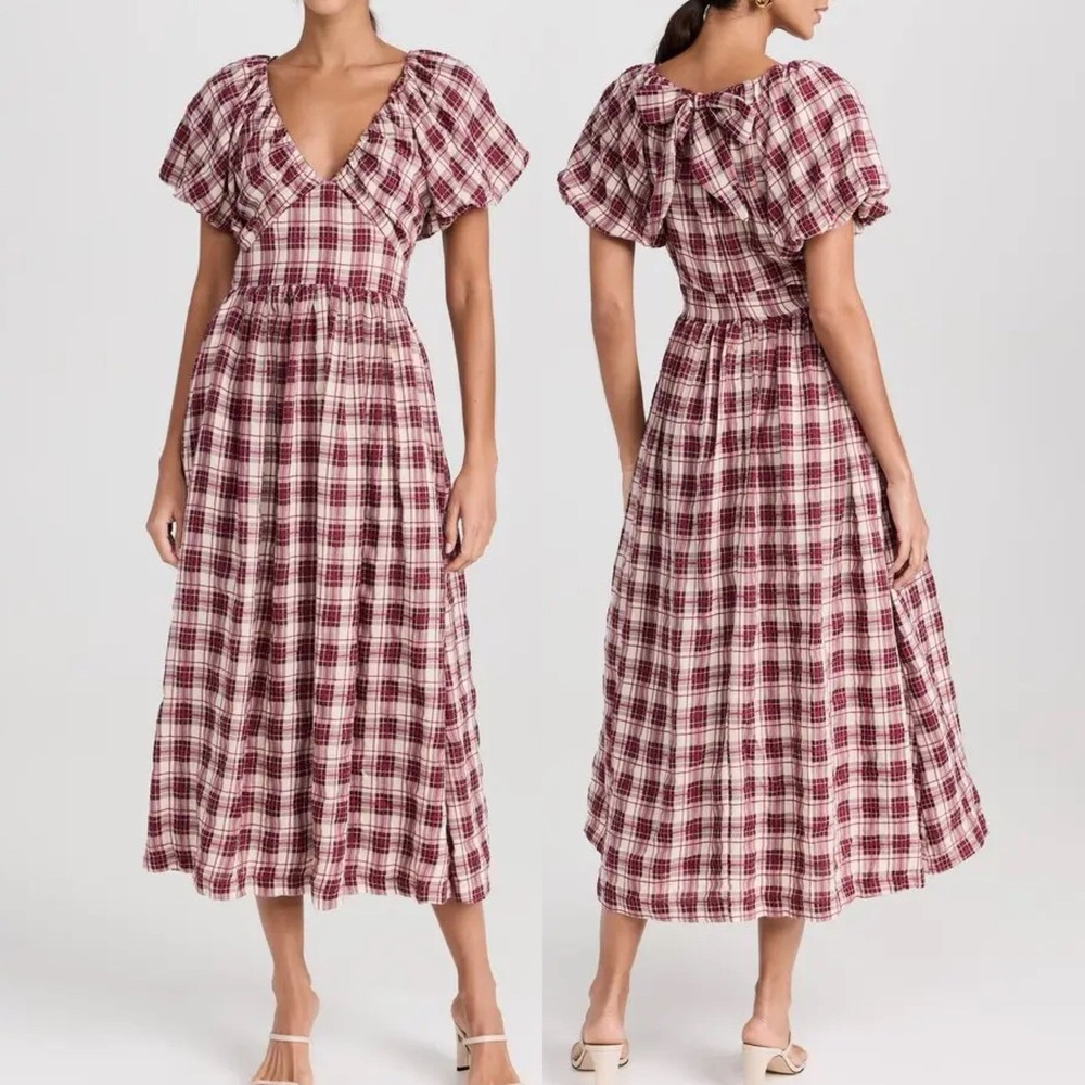 En Saison Sz M Anthropologie Colebee‎ Red Plaid Puff Sleeve Midi Dress V Neck